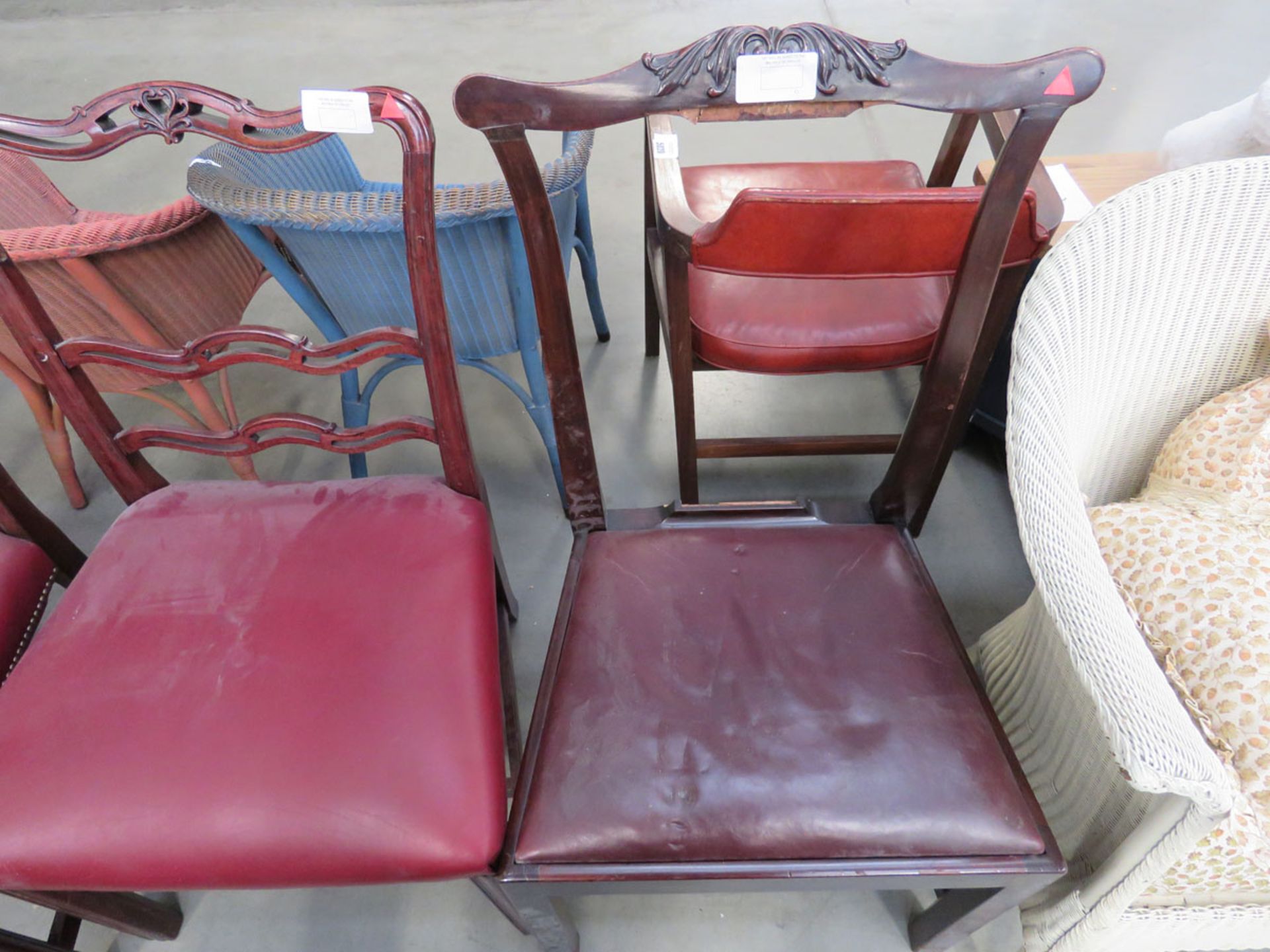 Pair of 1930's dining chairs with red rexine drop in seats, with 3 Chippendale style dining chairs - Image 4 of 4