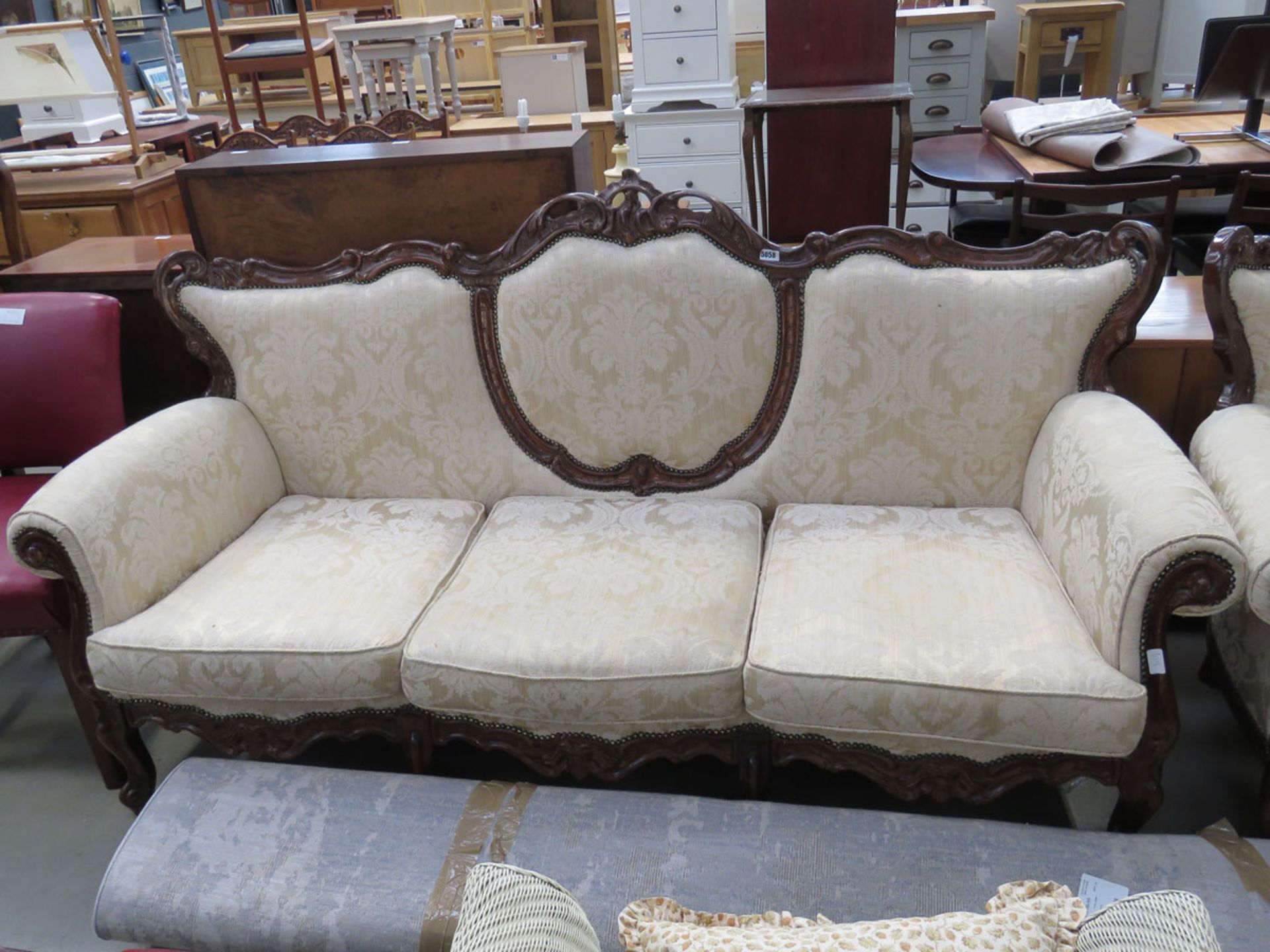 French style heavily carved 3 seater sofa in beige and oatmeal fabric, with pair of matching - Image 2 of 3