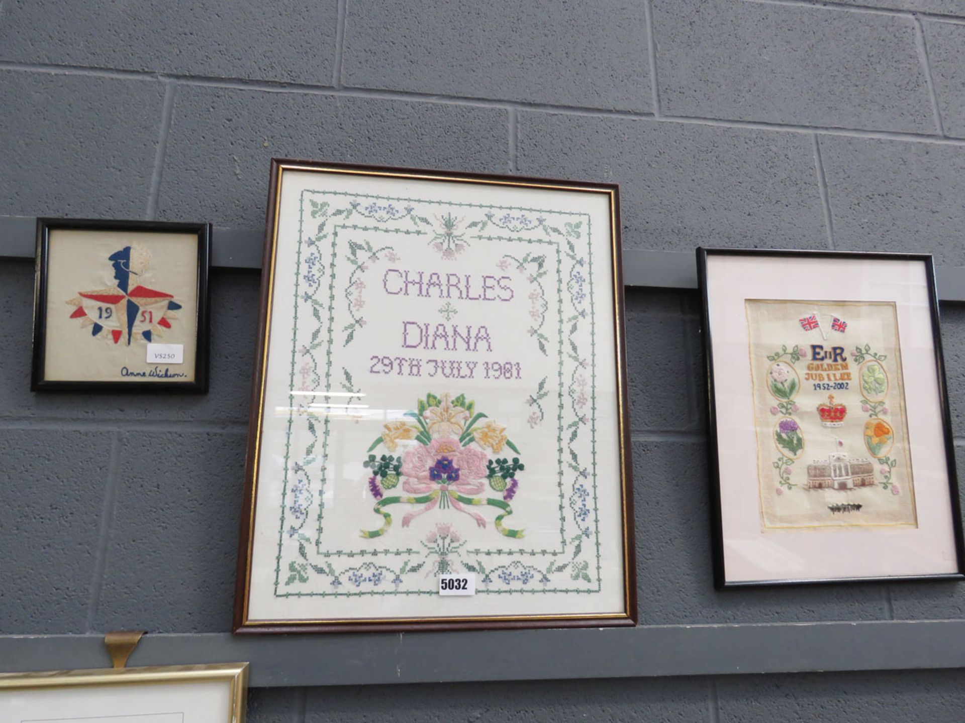 3 embroideries, 1951 exhibition, Charles & Diana wedding, and The Golden Jubilee