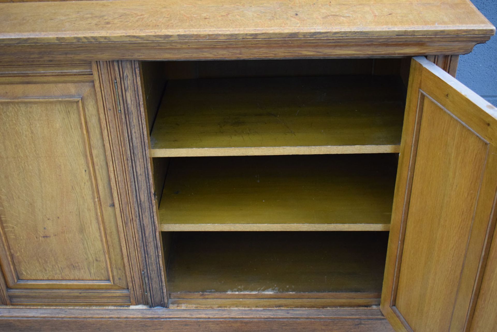 Glazed Victorian oak panelled three-door library bookcase with storage cupboards under and - Image 4 of 6