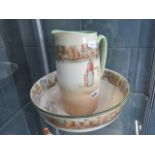 Royal Doulton Dickens ware wash stand, jug and bowl Jug has been cracked and repaired. Bowl has