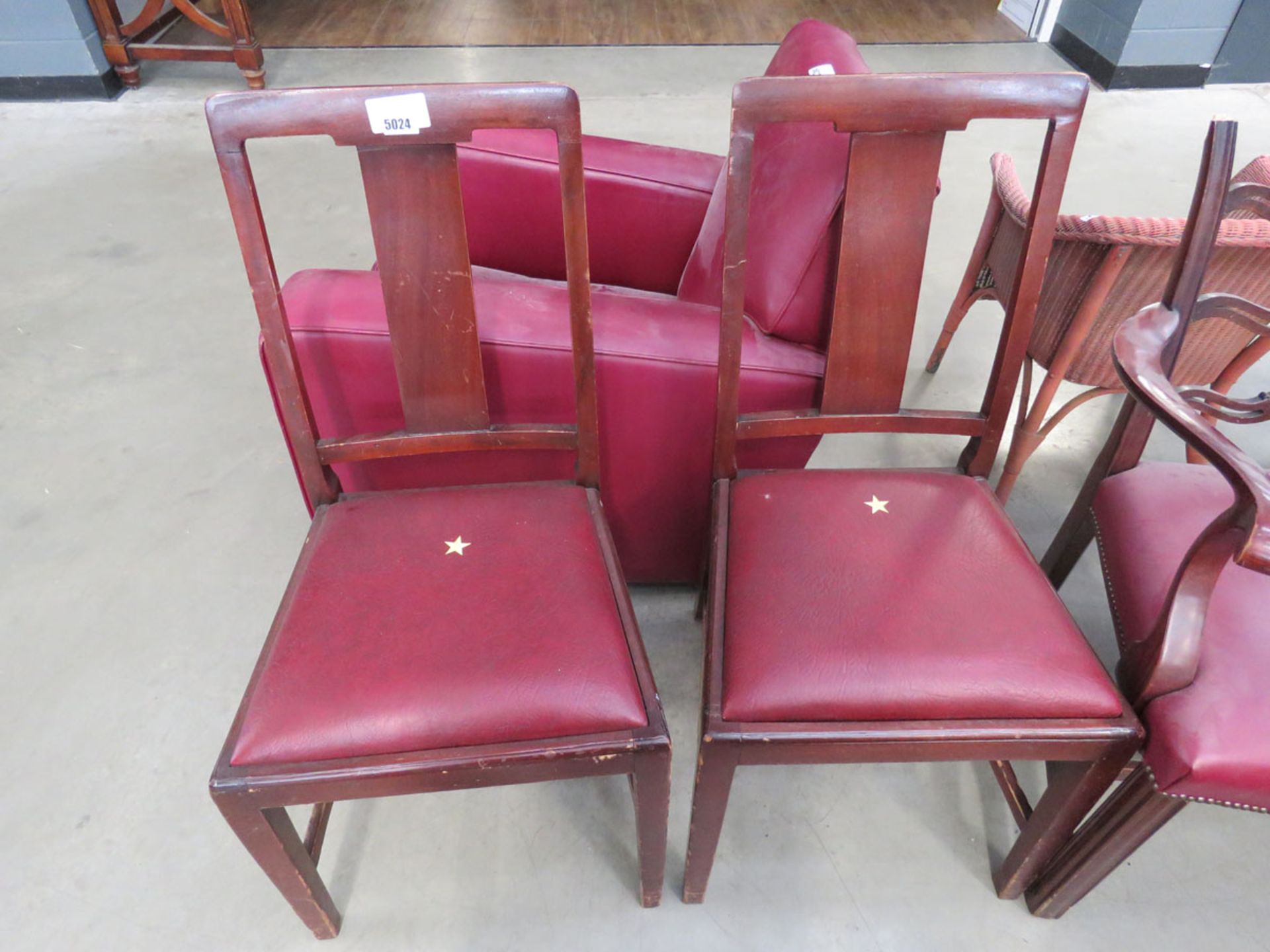 Pair of 1930's dining chairs with red rexine drop in seats, with 3 Chippendale style dining chairs - Image 2 of 4