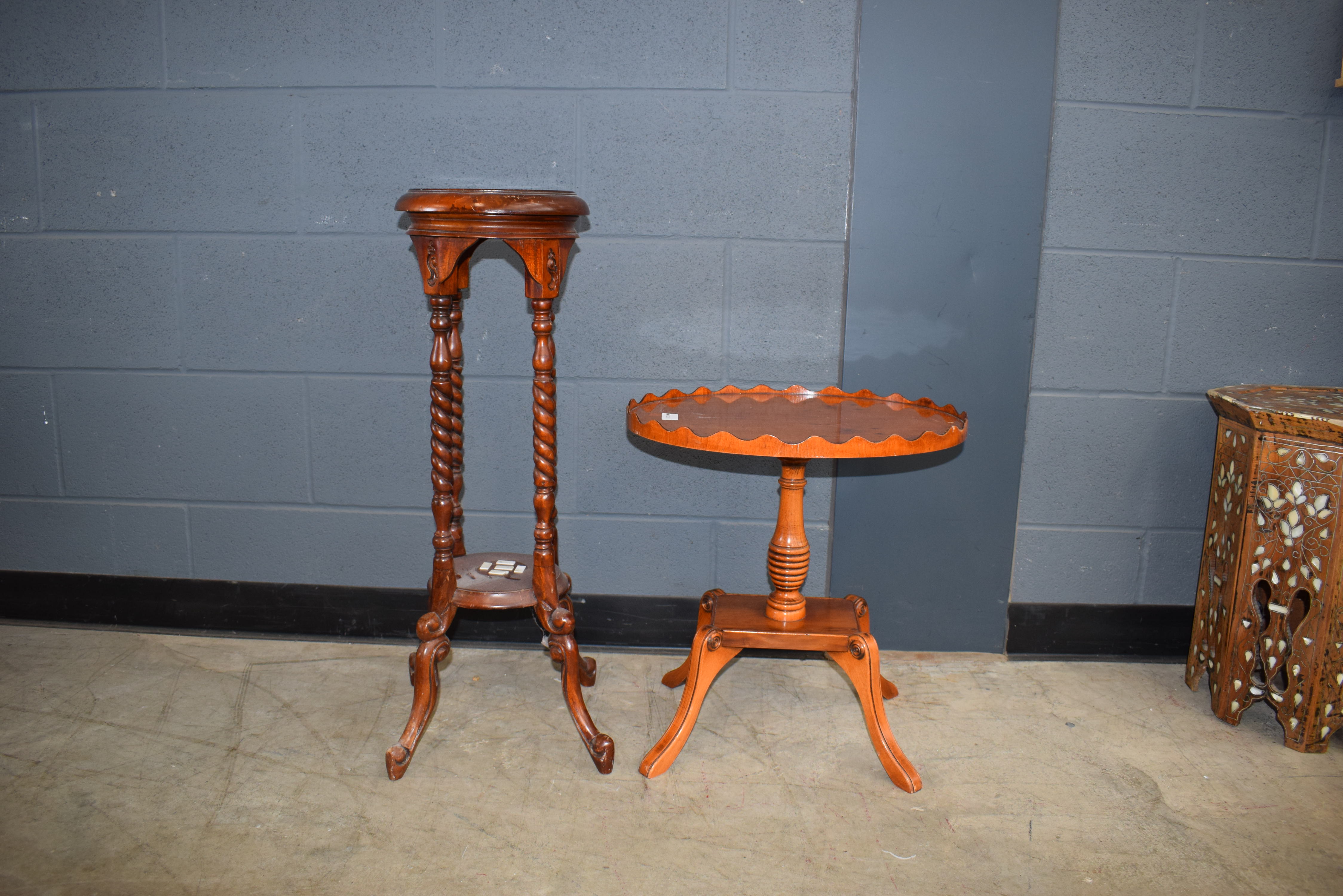 Reproduction yew finish oval occasional table and a 2 tier plant stand