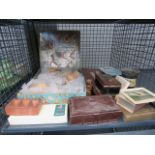 Cage containing small money boxes, plus child's Disney tea service, fans, and boxes Handles are