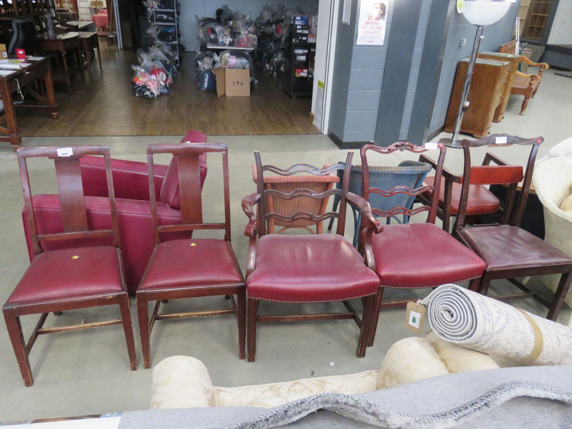 Pair of 1930's dining chairs with red rexine drop in seats, with 3 Chippendale style dining chairs