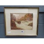 JM Vernon watercolour: river with rapids and woodland