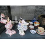 Cage containing Oriental lady figurines, cups and saucers, plus dishes and vases Most are in good