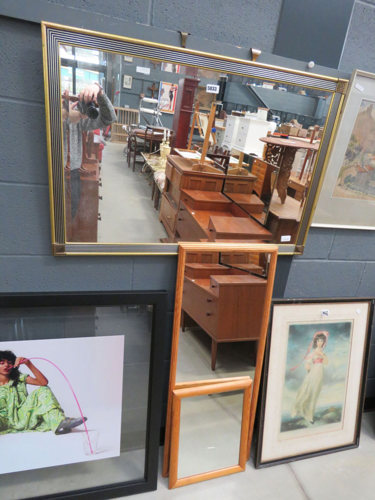 Rectangular bevelled mirror in gilt frame, with 2 mirrors in pine frames