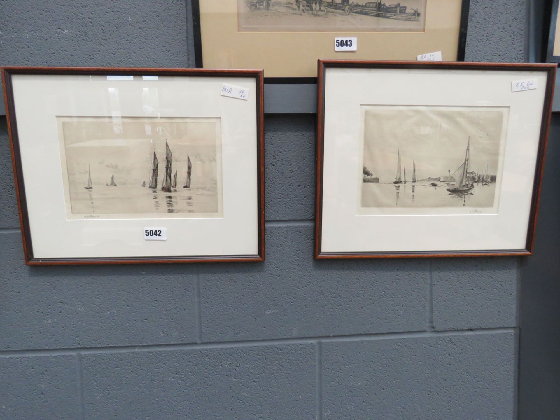 Pair of engravings: yachts in harbour, and sea