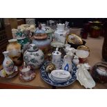 Quantity of ceramics, to include: Oriental design lidded jars, blue & white meat plate, vases and