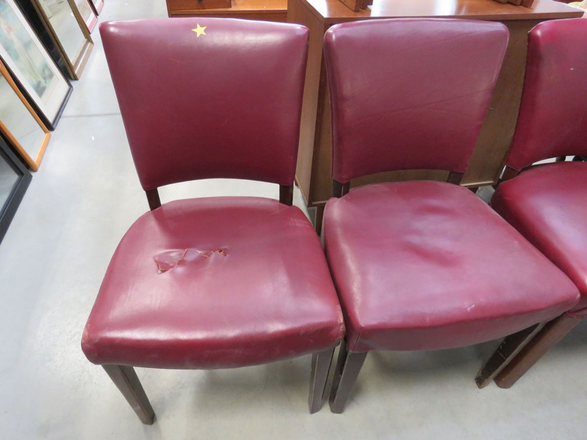 6 red rexine chairs 1 chair has damaged seat - Image 2 of 3