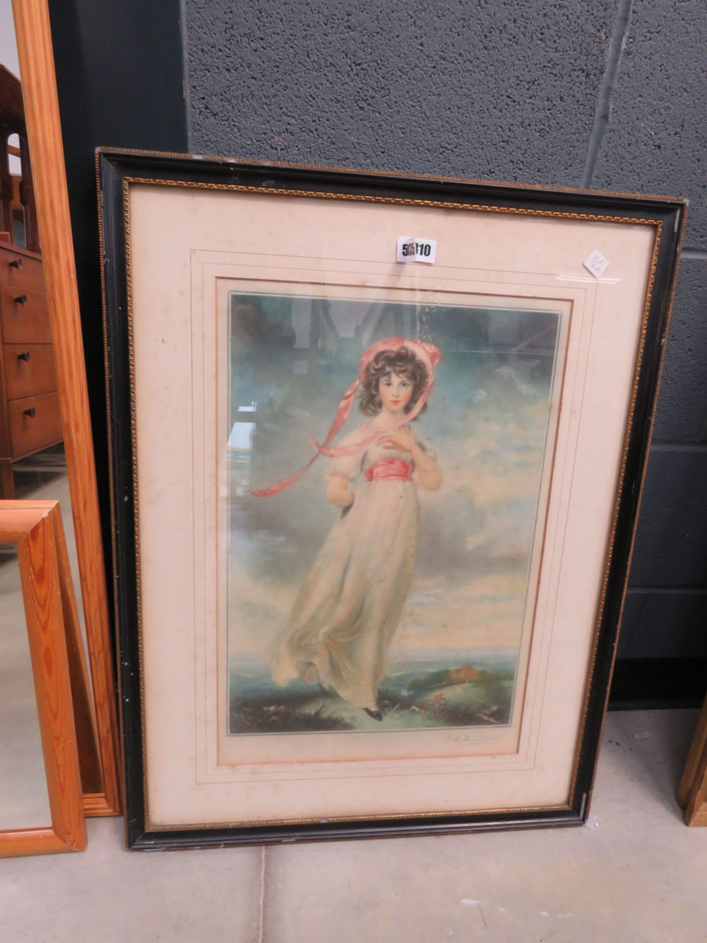 5310 Framed and glazed tinted engraving: girl in pink bonnet