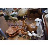 3 wooden ducks, giraffe ornament, 2 wooden bowls, ceramic chicken and other animals