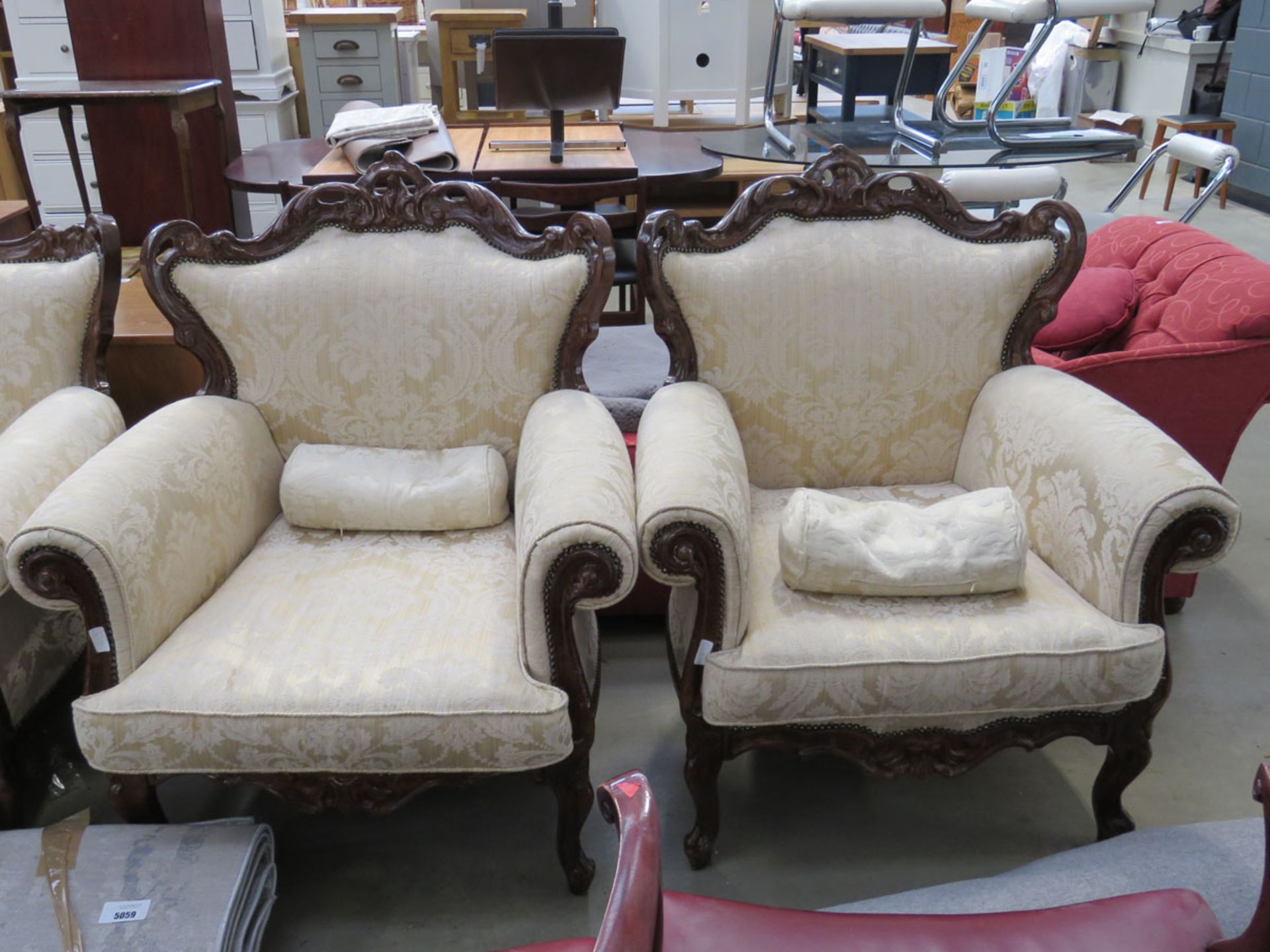 French style heavily carved 3 seater sofa in beige and oatmeal fabric, with pair of matching - Image 3 of 3