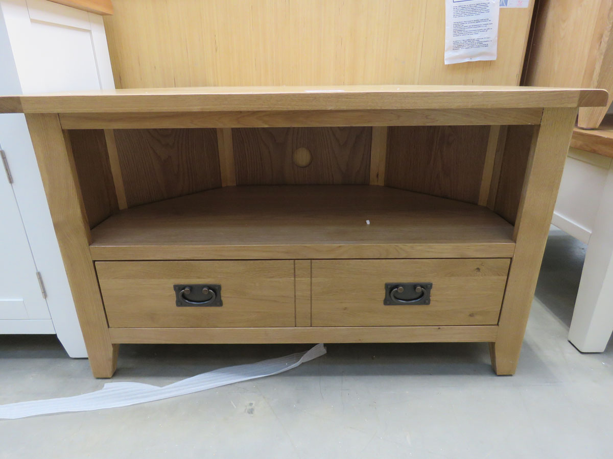 5030 - (56) Large oak corner TV audio cabinet with shelf and drawer