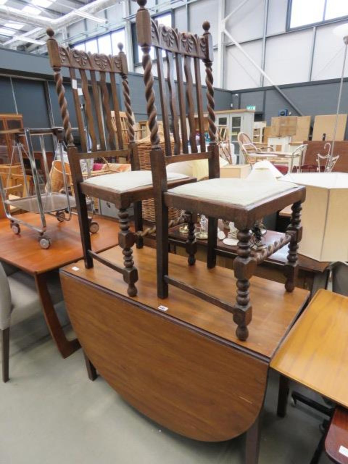 Walnut drop-side table, plus 2 oak barley twist chairs