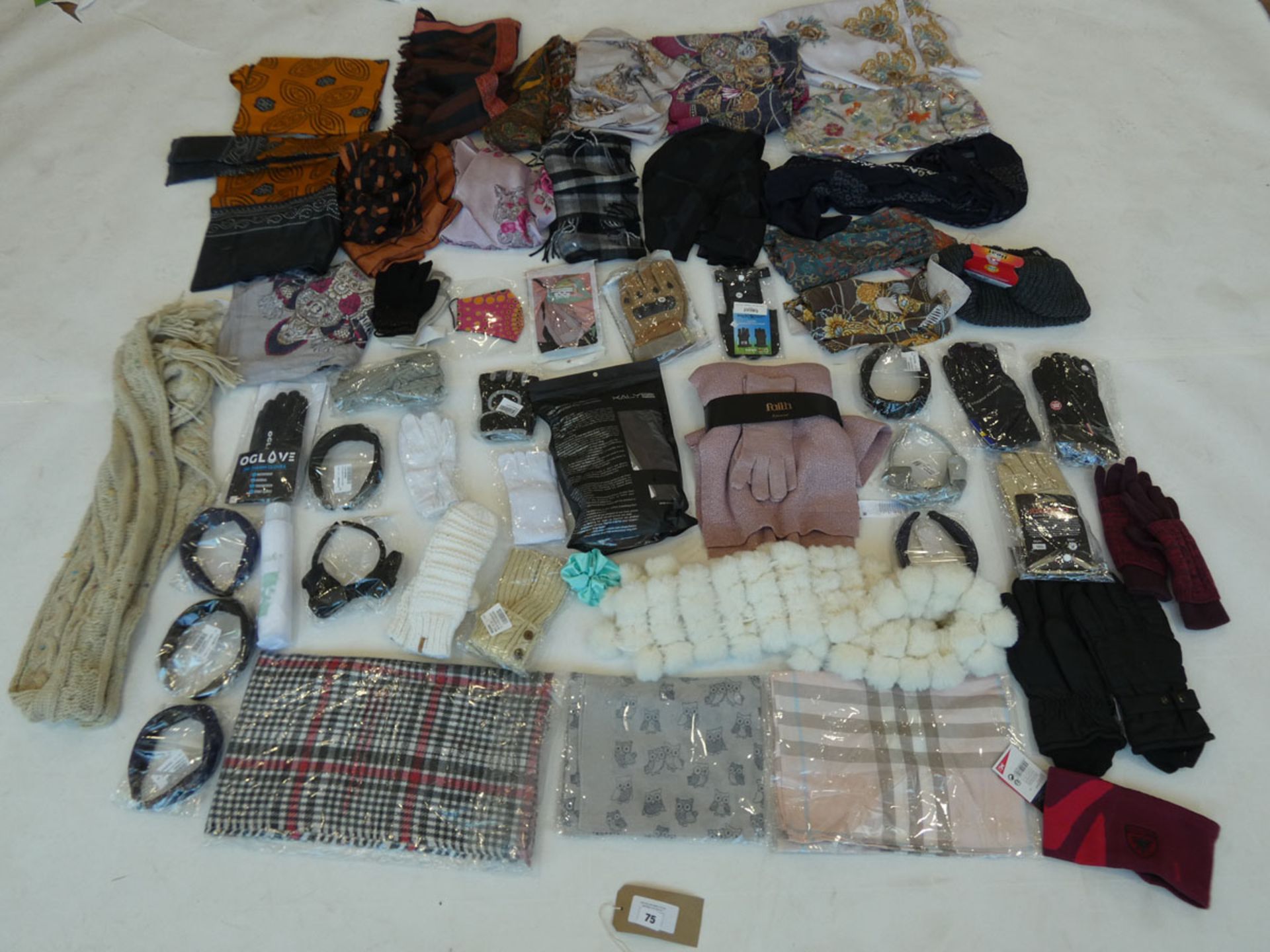 Selection of accessories to include scarfs, gloves, umbrella, etc