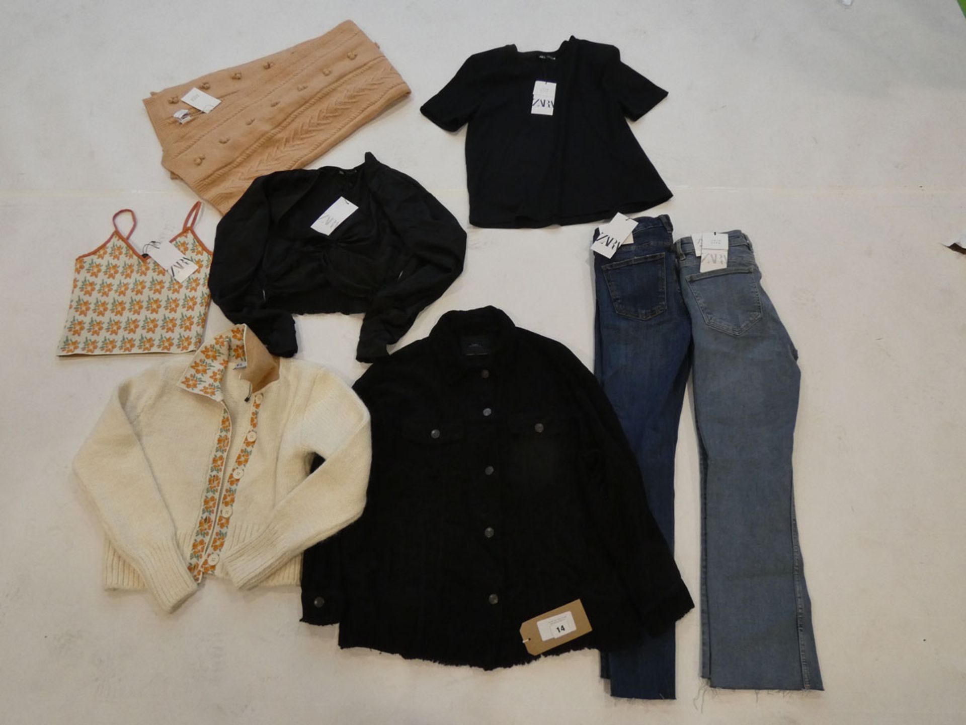 Selection of Zara clothing to include jeans, top, jacket, etc