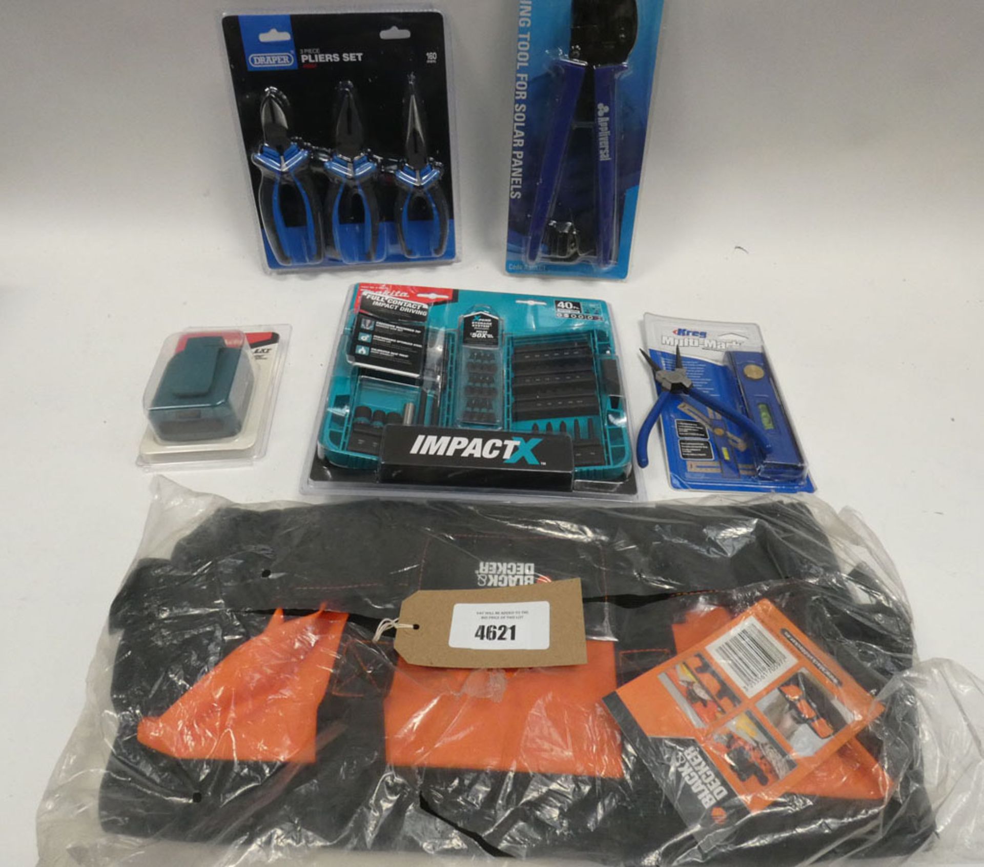 Bag containing: Draper plier set, crimping tools, Makita impact bit set, Black & Decker tool bag,