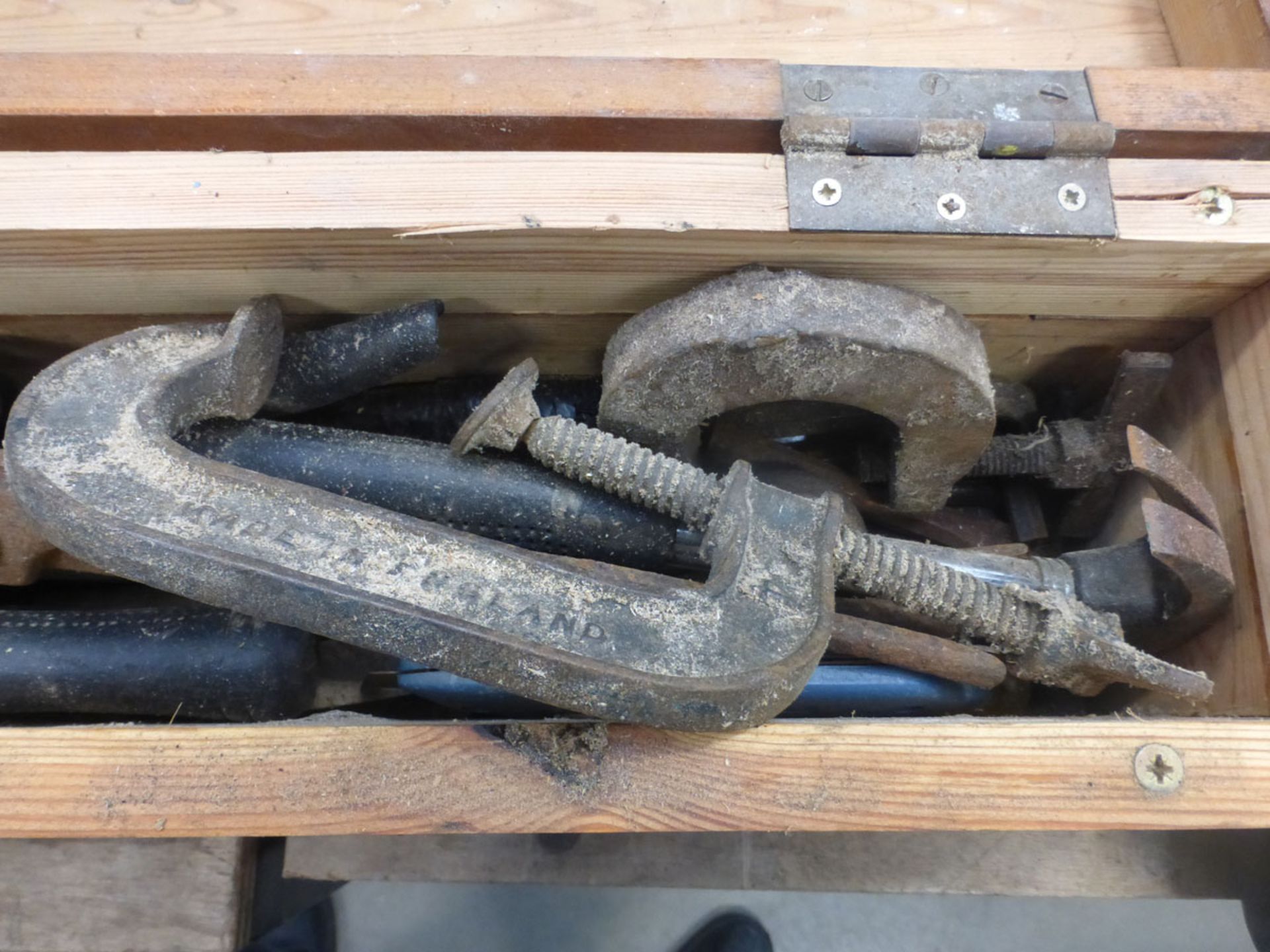 Wooden box containing small quantity of hand tools inc. hammers, planes, clamps etc - Image 3 of 3