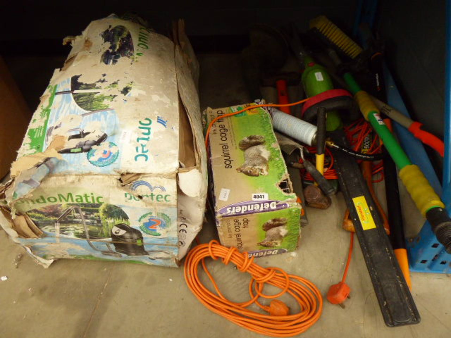 Pond vac, squirrel trap and a qty of garden tools