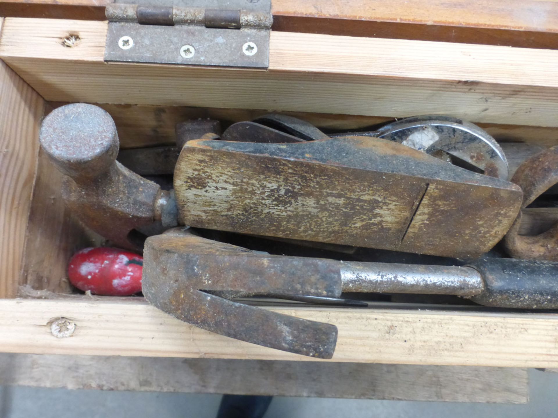 Wooden box containing small quantity of hand tools inc. hammers, planes, clamps etc - Image 2 of 3