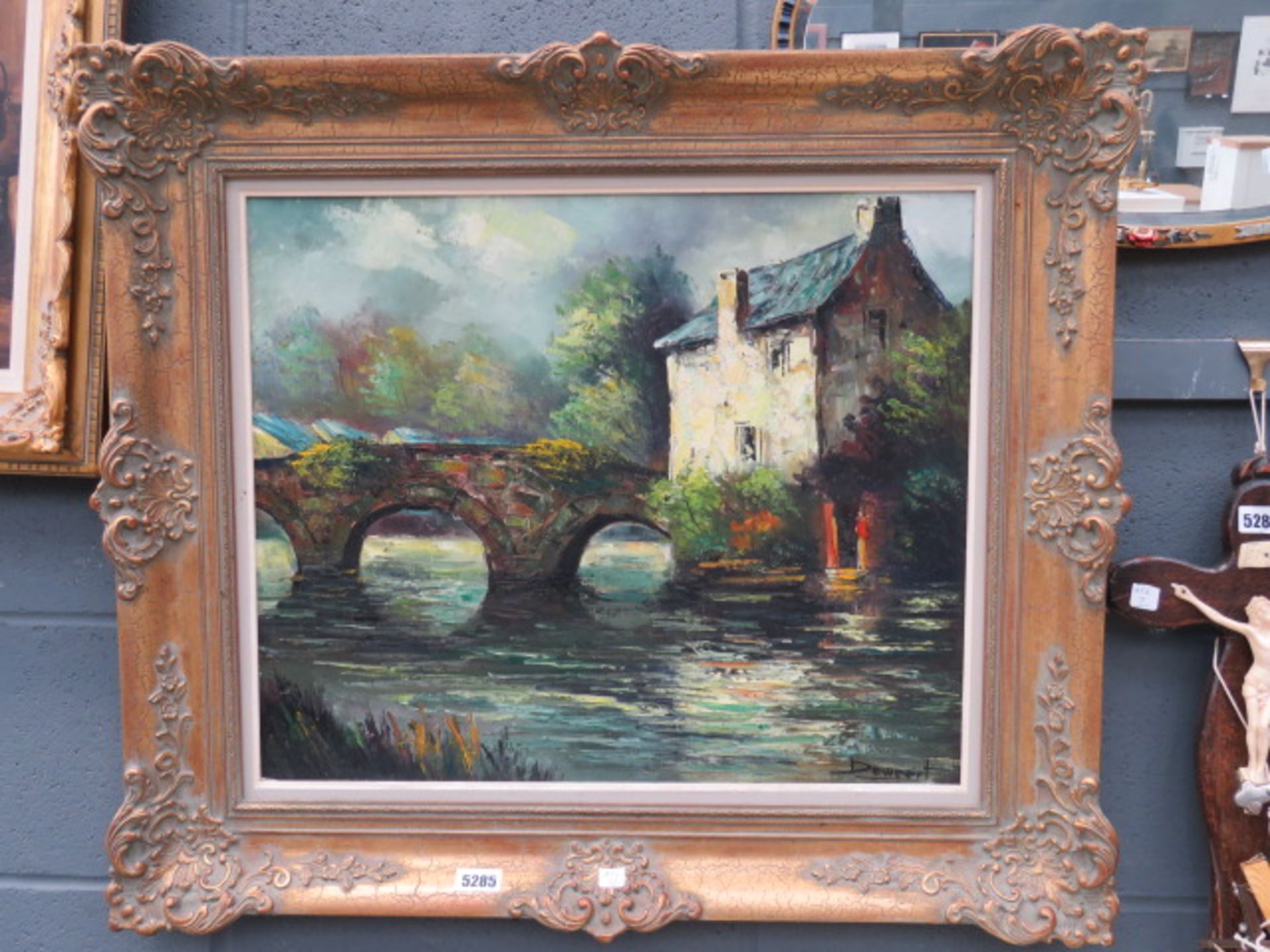(22) Oil on canvas 'River with bridge and cottage' - Image 2 of 2