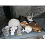 Cage containing napkin rings, glass vase, Staffordshire flatback figure, China wall bracket and