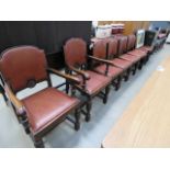 8 brown rexine and oak dining chairs inc. 2 carvers