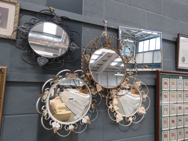 (16) 4 circular mirrors in wrought iron frames plus rectangular bevelled mirror