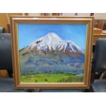 Oil on board - Snowy mountains with pastures in foreground