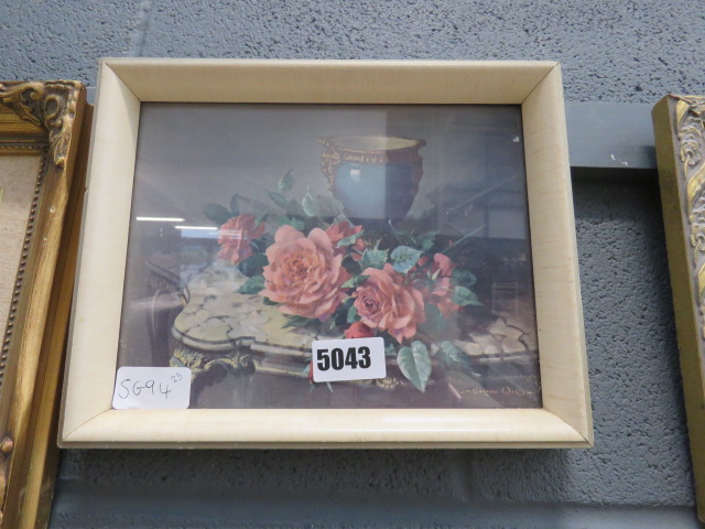 (23) Vernon Ward print of still life with roses, consul table and urn