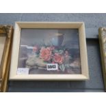 (23) Vernon Ward print of still life with roses, consul table and urn