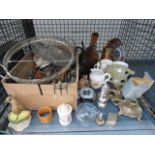 Cage containing quantity of loose cutlery, sugar shaker, paperweights, ornaments and china