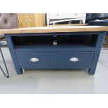 5018 (2) Blue painted oak top corner TV audio unit