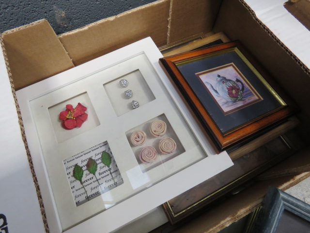 (?) Box containing modern wall hangings, print of cherub and still life with teapot - Image 5 of 5