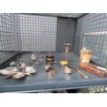 Cage containing loose cutlery, napkin rings, knife rests, pill boxes, plus rose vase and beaker