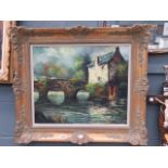 (22) Oil on canvas 'River with bridge and cottage'