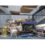 Cage containing quantity of silver plate inc. bacon dishes, baskets plus carving sets, knife