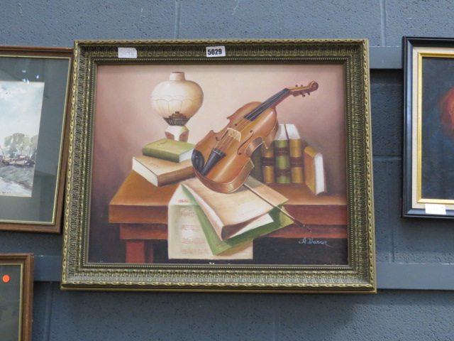 (2) Modern oil on canvas - still life violin with sheet music signed A.Warner