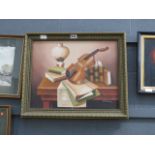 (2) Modern oil on canvas - still life violin with sheet music signed A.Warner