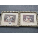 (27) Pair of Barbara Mock watercolours - still life of floral decorated cups and saucers