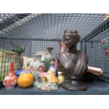 Cage containing modern classical bust, various china and coloured glass