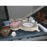 Cage containing various china cups and saucers, dinner plates, side plates and Jasper ware