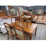 Oak dining table plus 6 chairs to include 2 carvers (collector's item, see soft furnishings policy