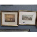 (31) 2 watercolours - coastal market scene plus sailing ships in harbour in the style of continental