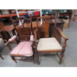 Oak armchair plus Edwardian armchair with pink satin seats