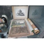 Quantity of loose watercolours, 18th century engravings, Neylyn lino cut and ephemera