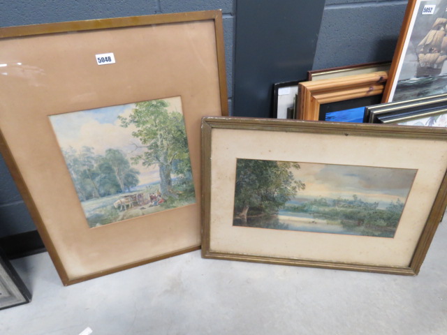 2 Victorian watercolours - Horse and cart plus figures under oak tree and River with reeds and