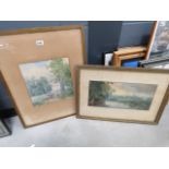 2 Victorian watercolours - Horse and cart plus figures under oak tree and River with reeds and